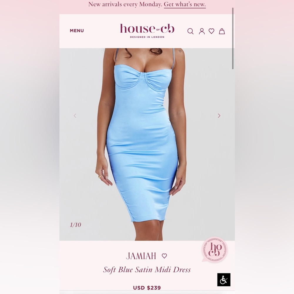 House of CB Jamiah Soft blue satin dress size M plus cup
